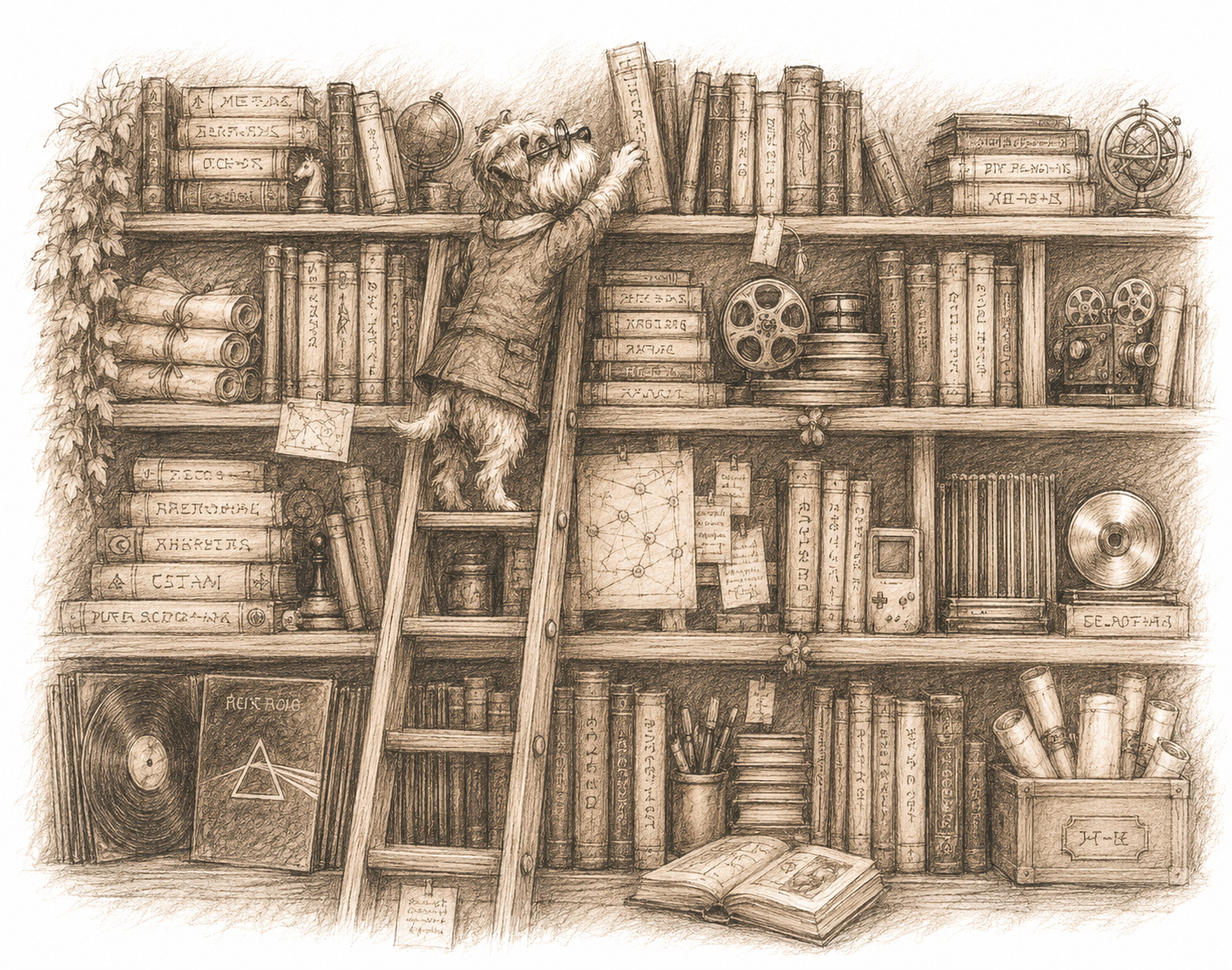 A librarian dog among the shelves